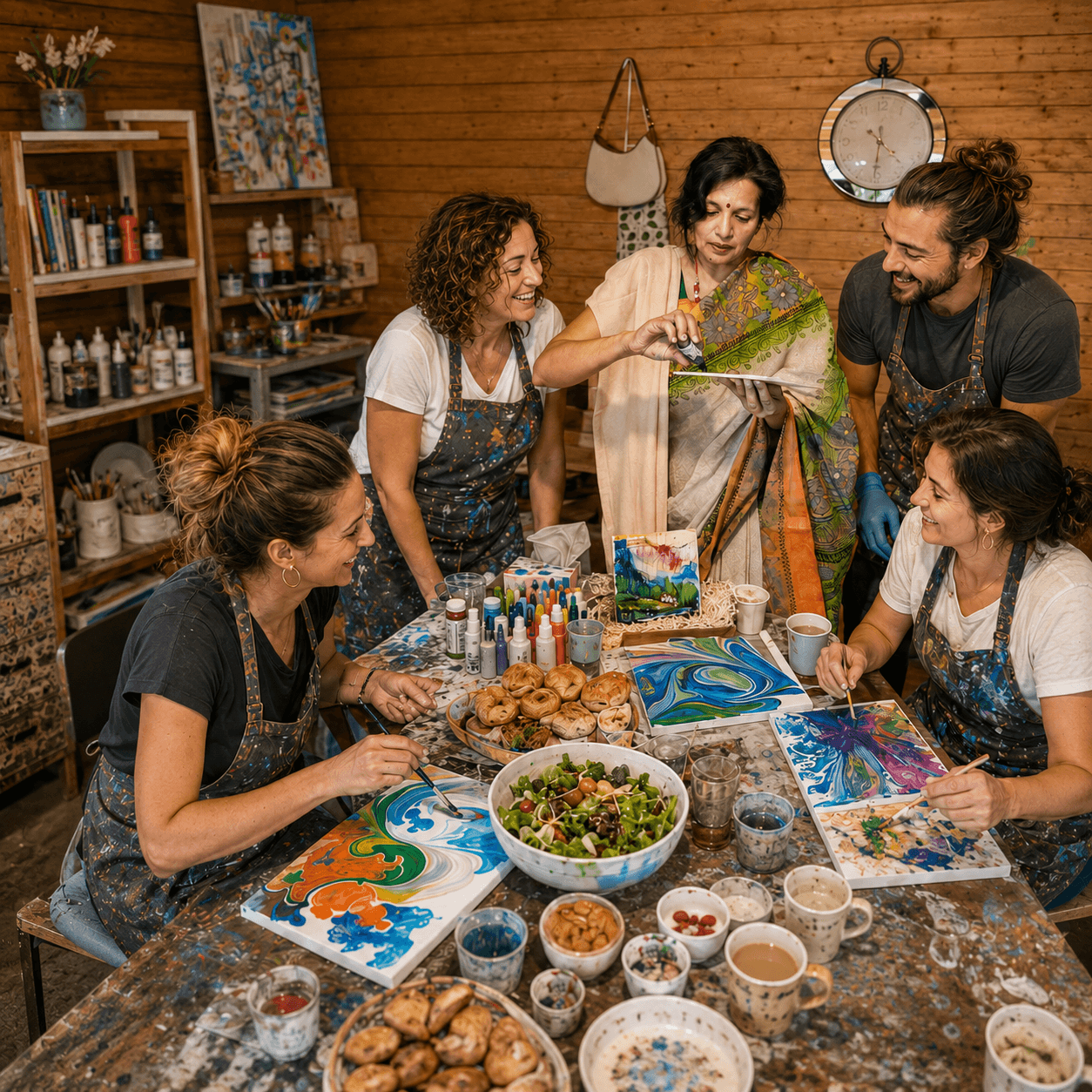 Guests sharing an art session around the studio table