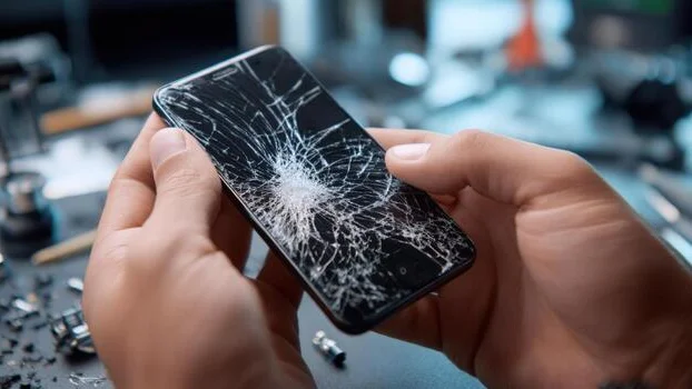 Hands examining a cracked smartphone screen before repair
